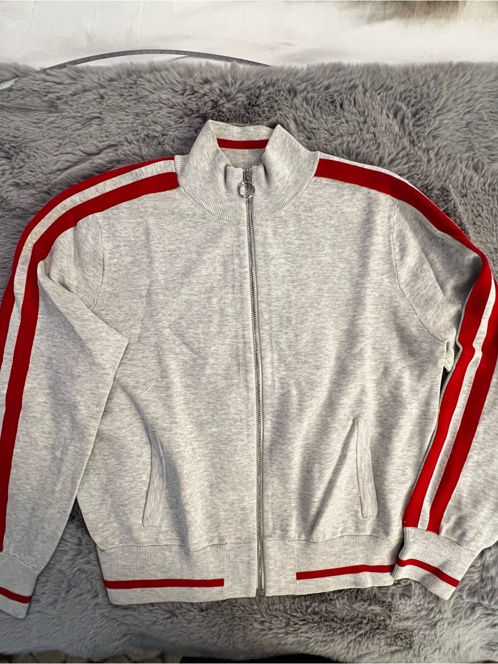 Banana Republic Heather Gray Zipper Track Sweater Red Stripes Women’s Size Large